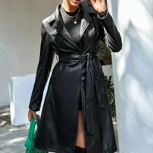 Black Party Women's Lapel Collar Belted Faux Leather Trench Coat - Picture 6 of 6